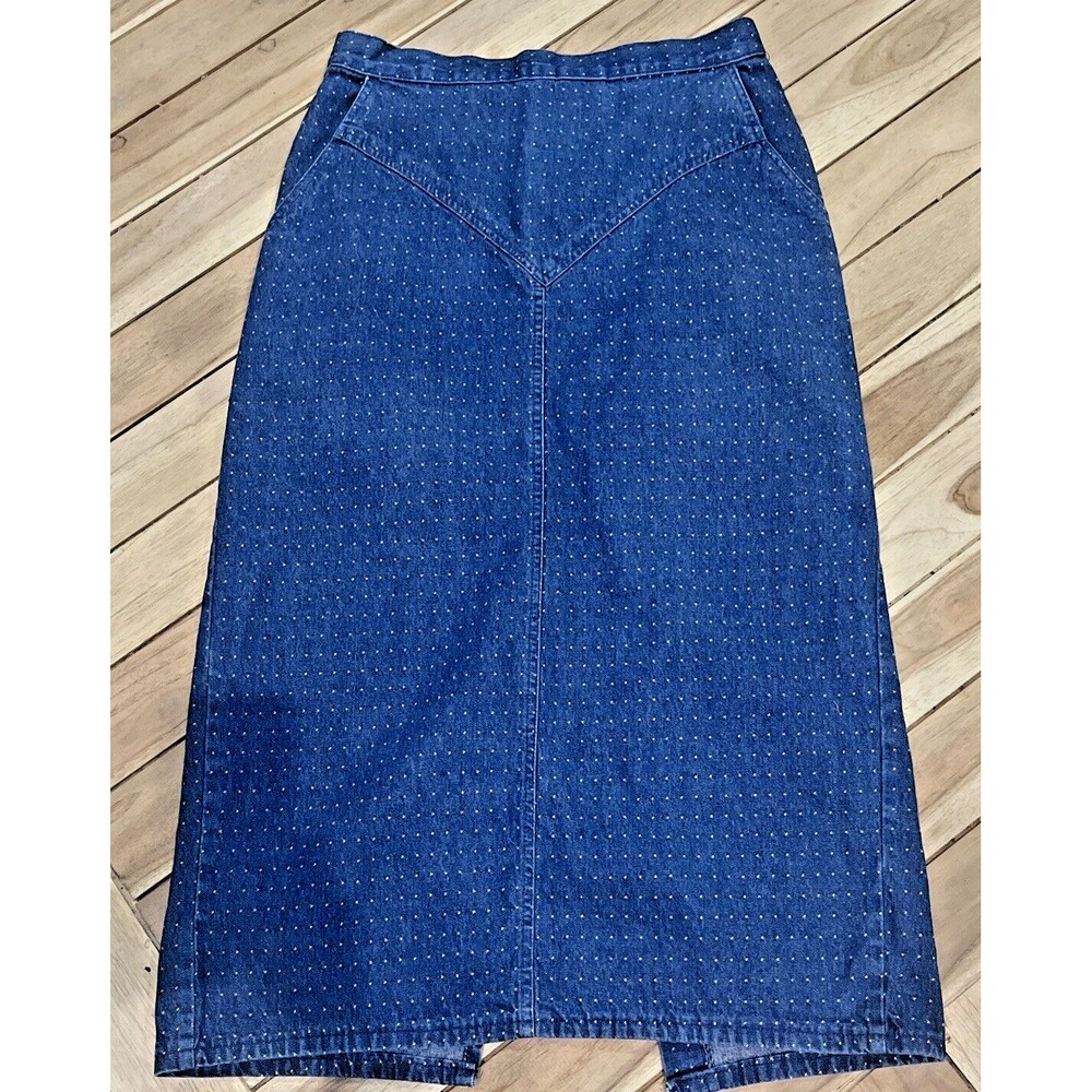 Kayo of California Denim Skirt 100% Cotton Polka Dot Front Slit Blue 24" Sz. 15